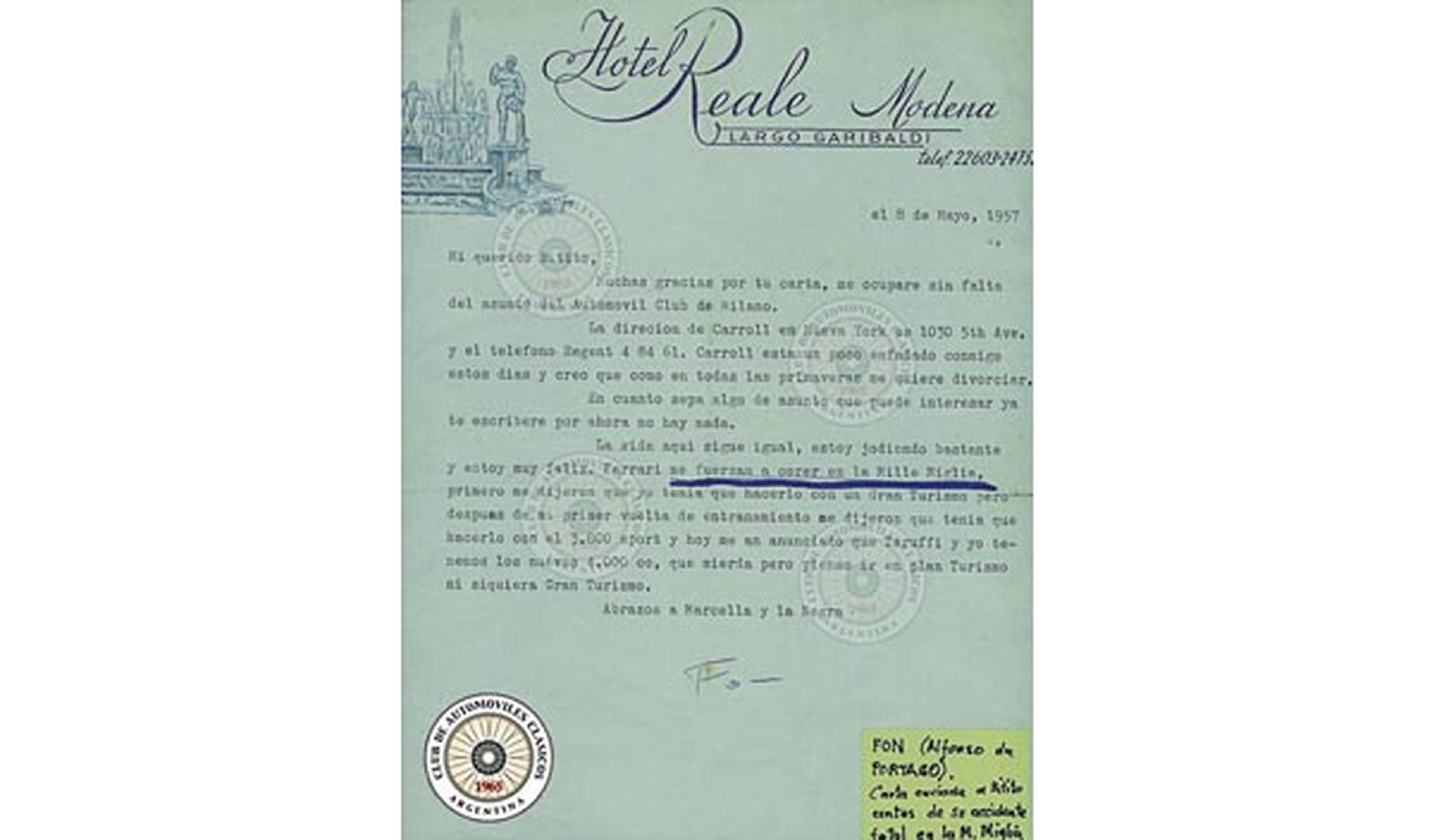 Alfonso envió esta carta a su amigo y piloto argentino, Roberto (Bitito) Mieres.