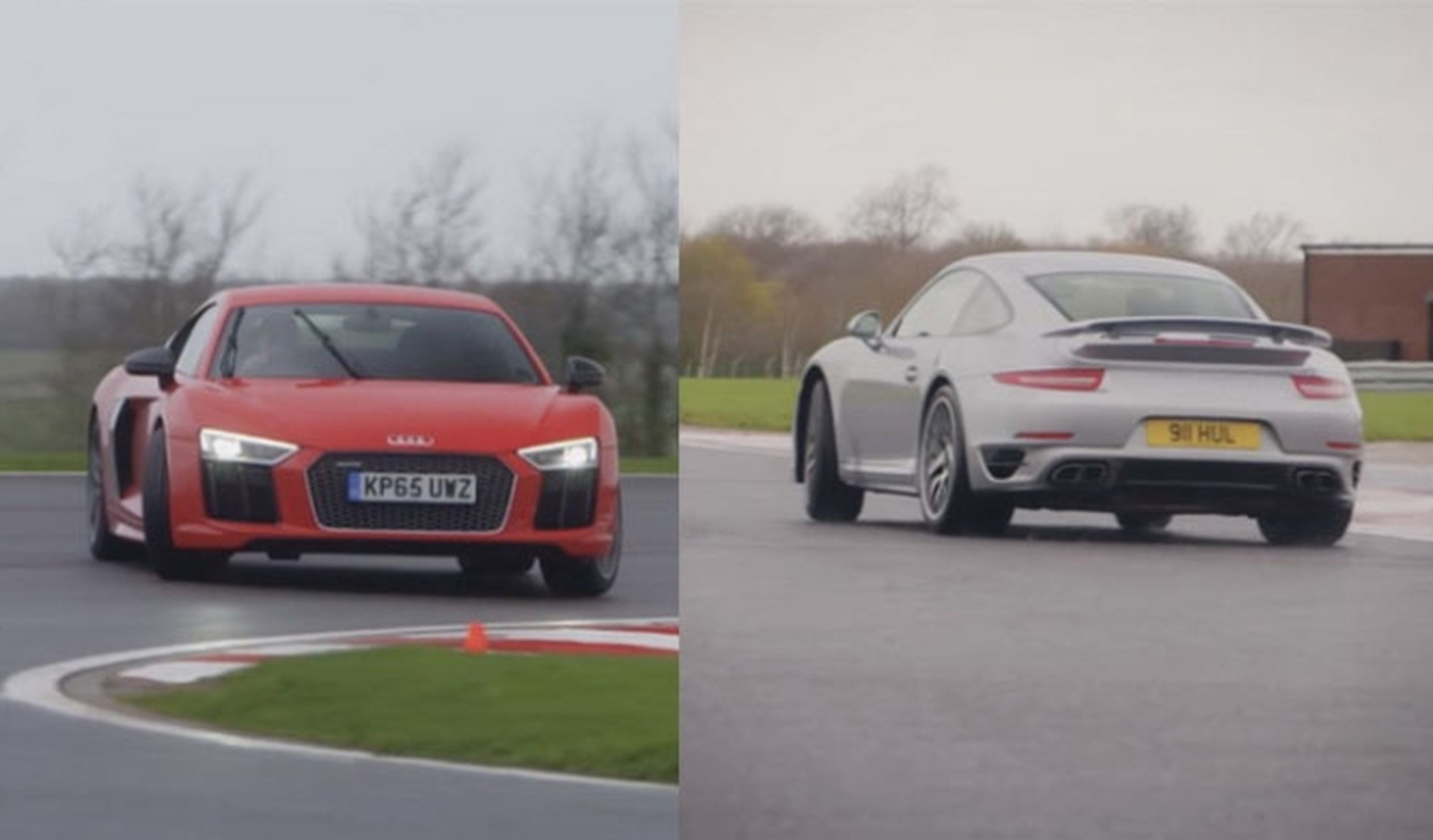 Porsche 911 Turbo S y Audi R8 V10 Plus: duelo sobre mojado