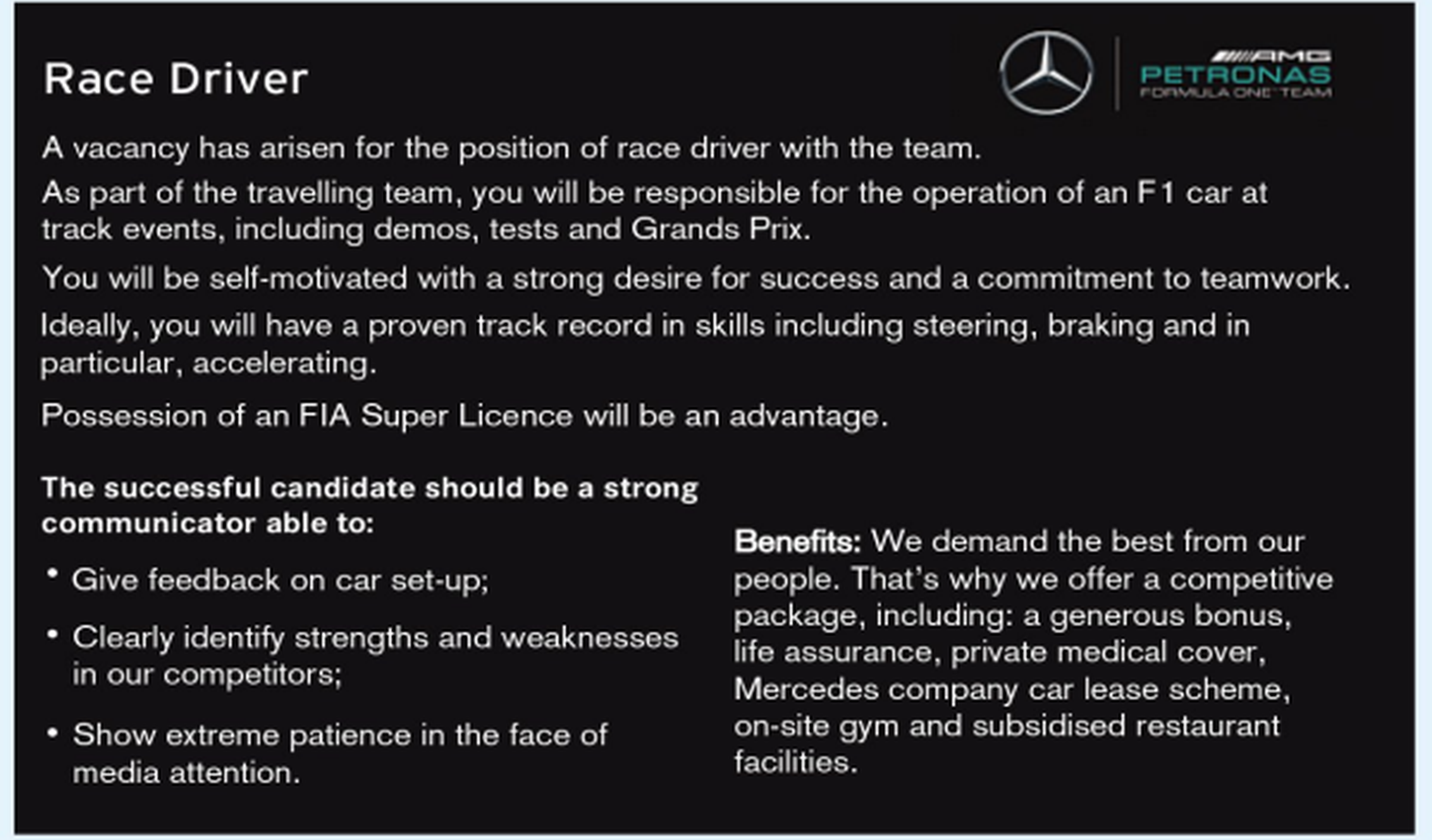 El curioso anuncio con el que Mercedes busca piloto