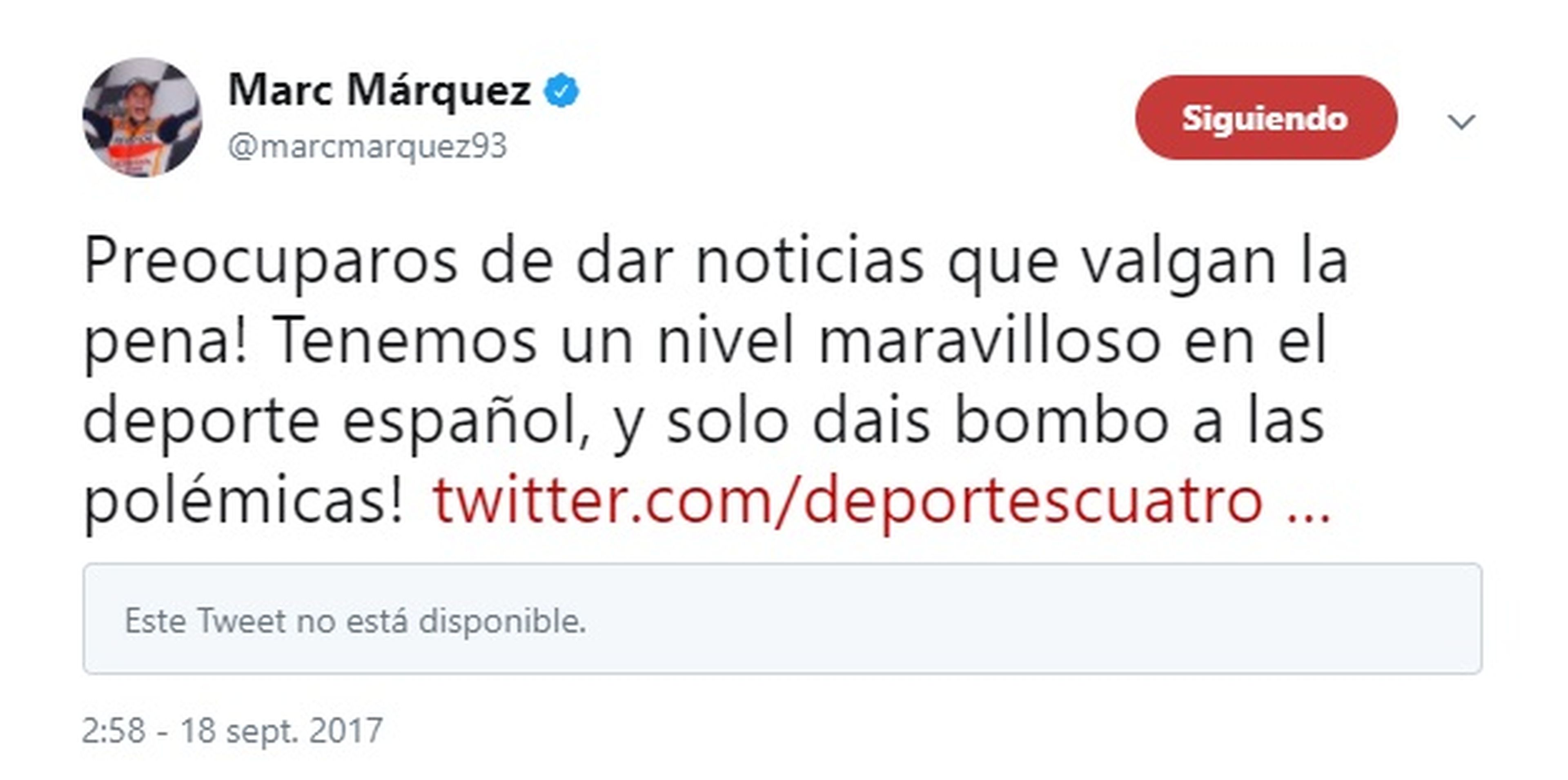 Tuit de Marc Márquez contra Deportes Cuatro