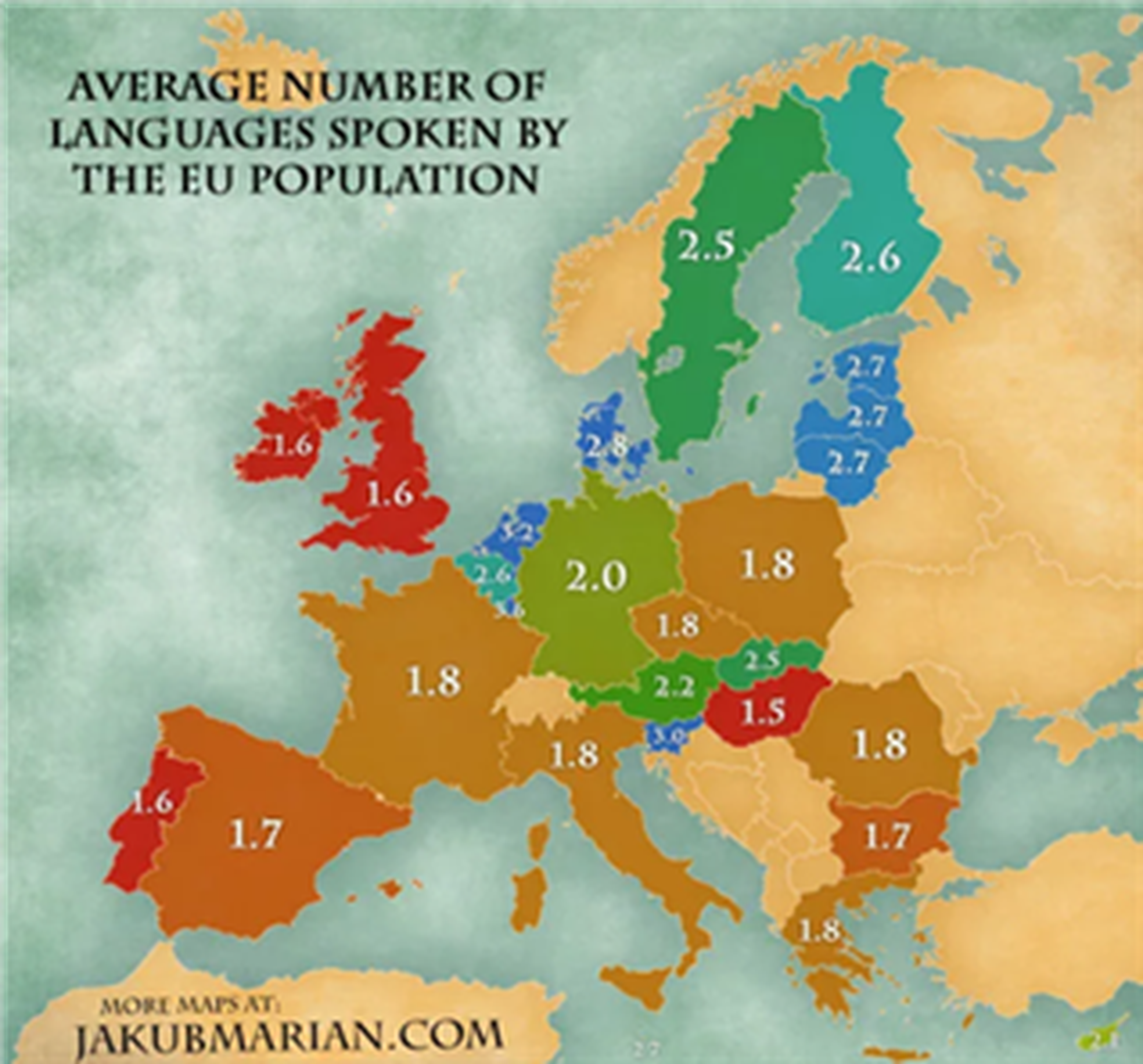 Este es el número de idiomas que hablan de media los europeos
