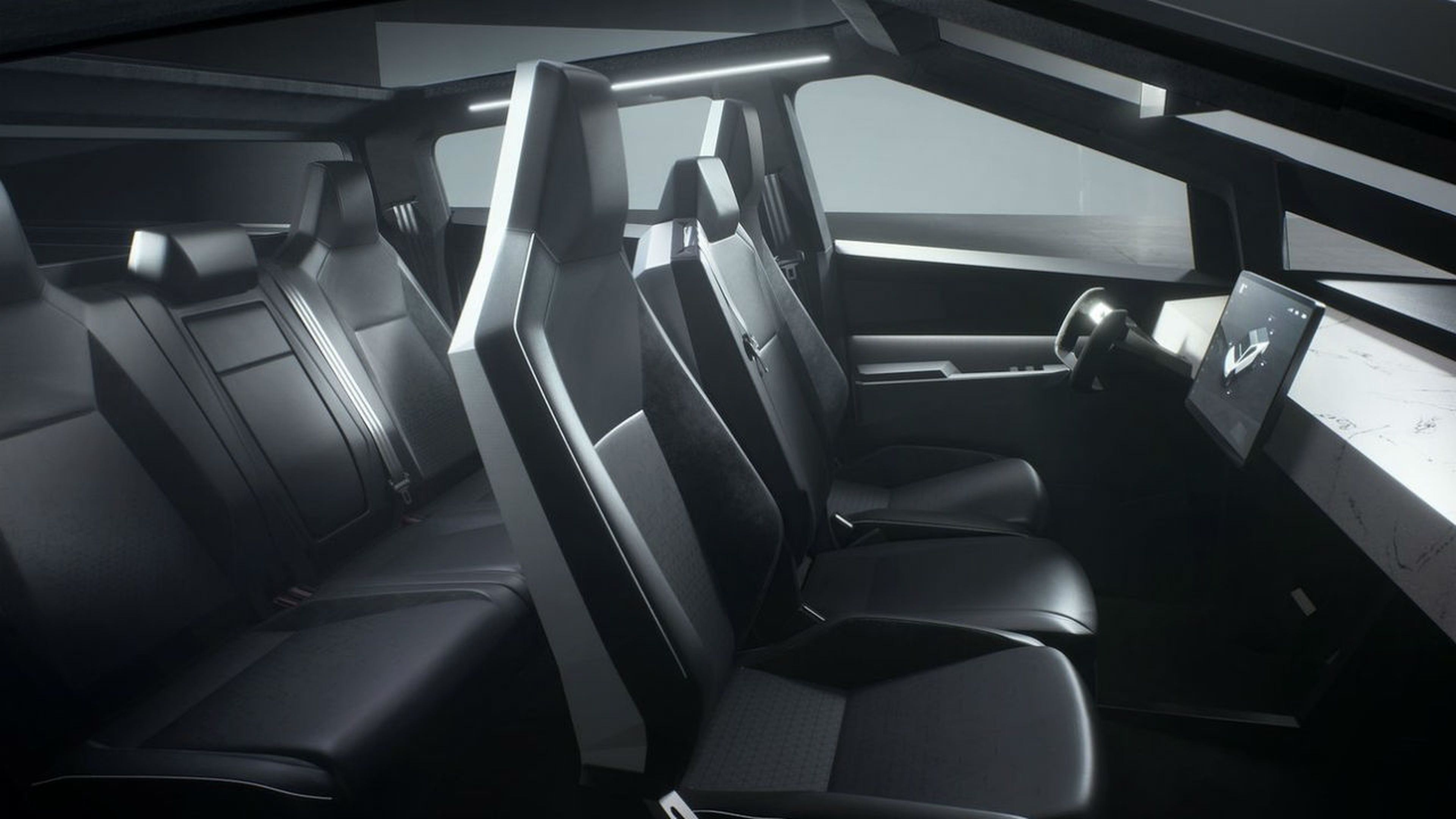 El interior del Tesla Cybertruck ofrece seis plazas distribuidas en dos filas de asientos.