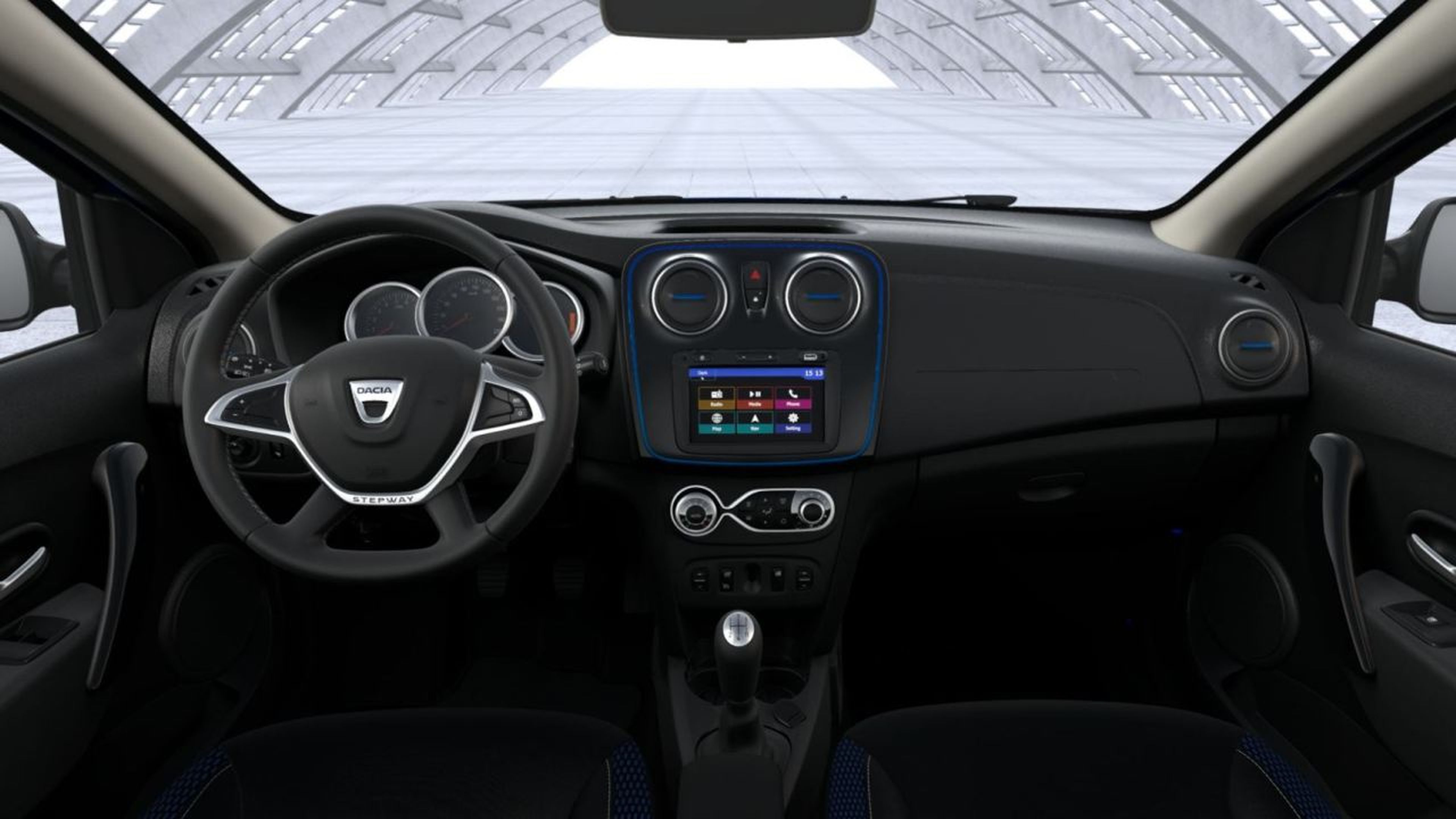 Un interior con tapicería específica y detalles azules para el Dacia Sandero Serie Limitada Aniversario
