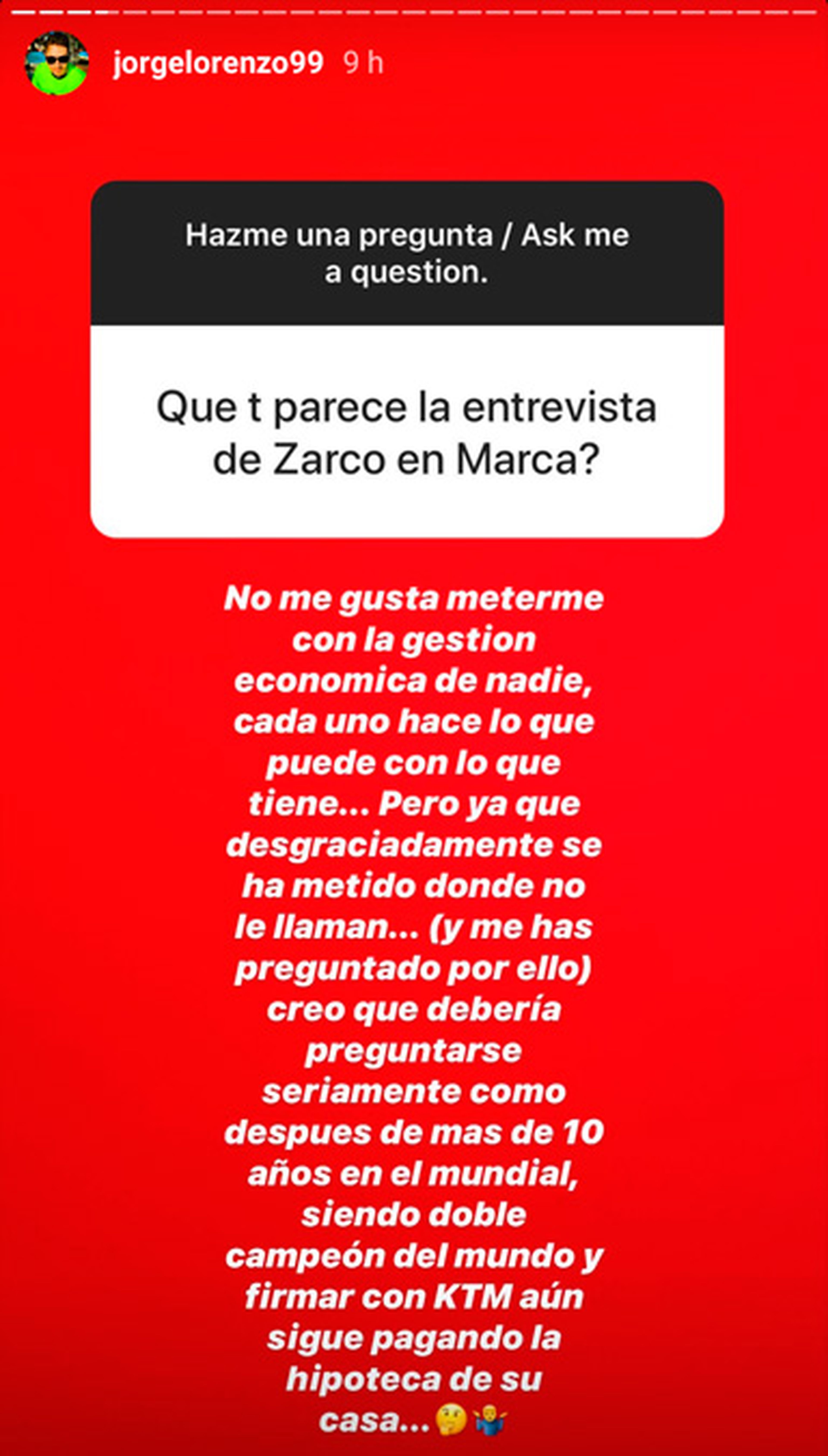 Jorge Lorenzo mensaje instagram Zarco