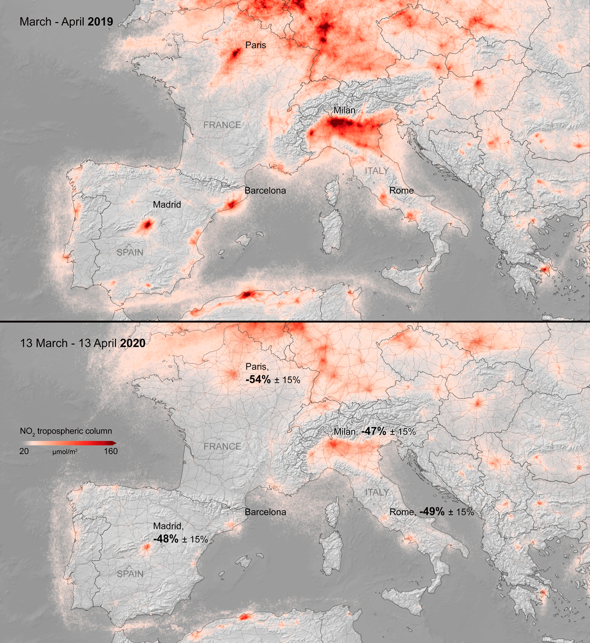 Imagen de la ESA sobre el NOX en Europa durante y antes del confinamiento