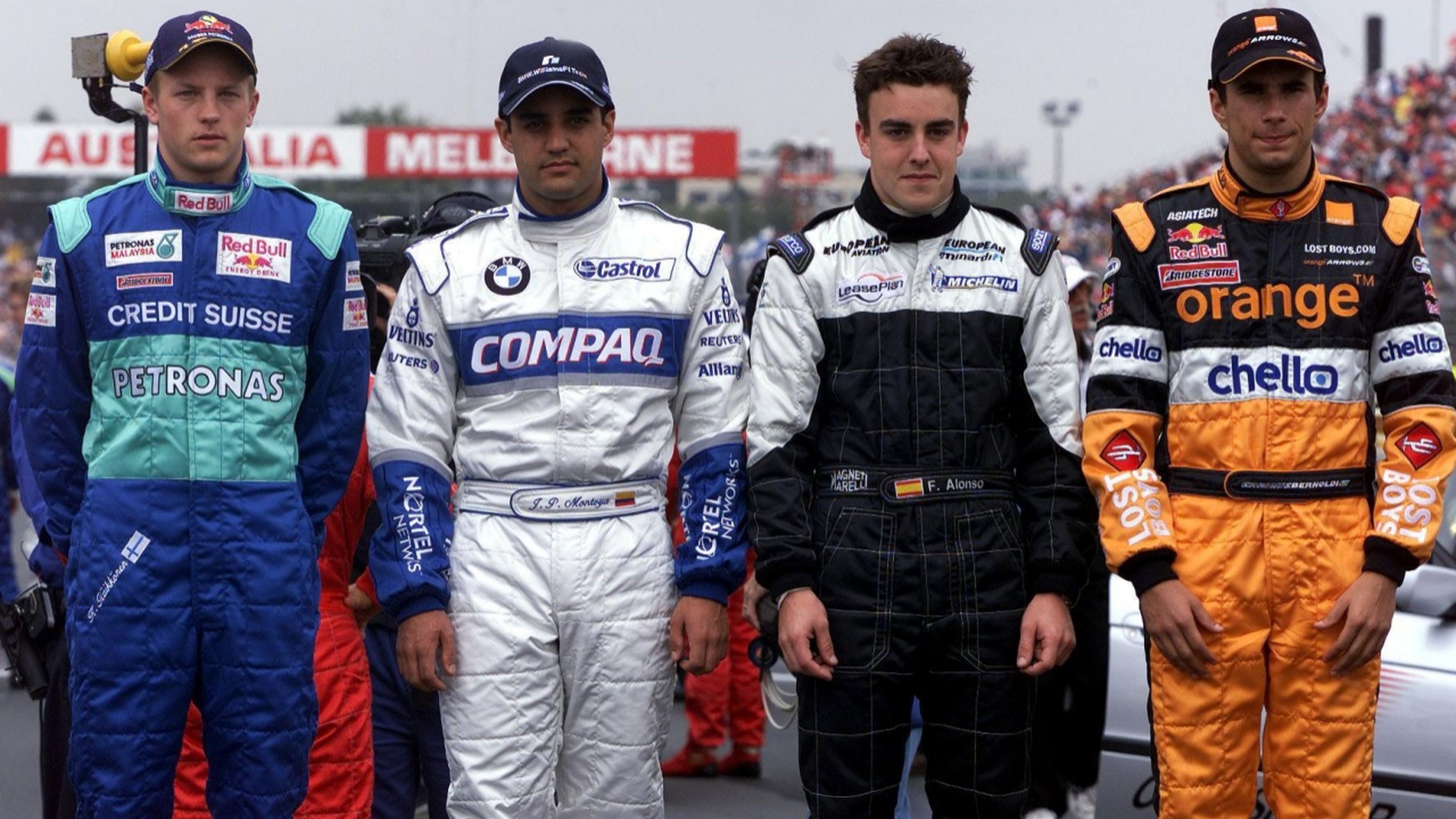Debutantes en 2001: Räikkönen, Montoya, Alonso y Bernoldi