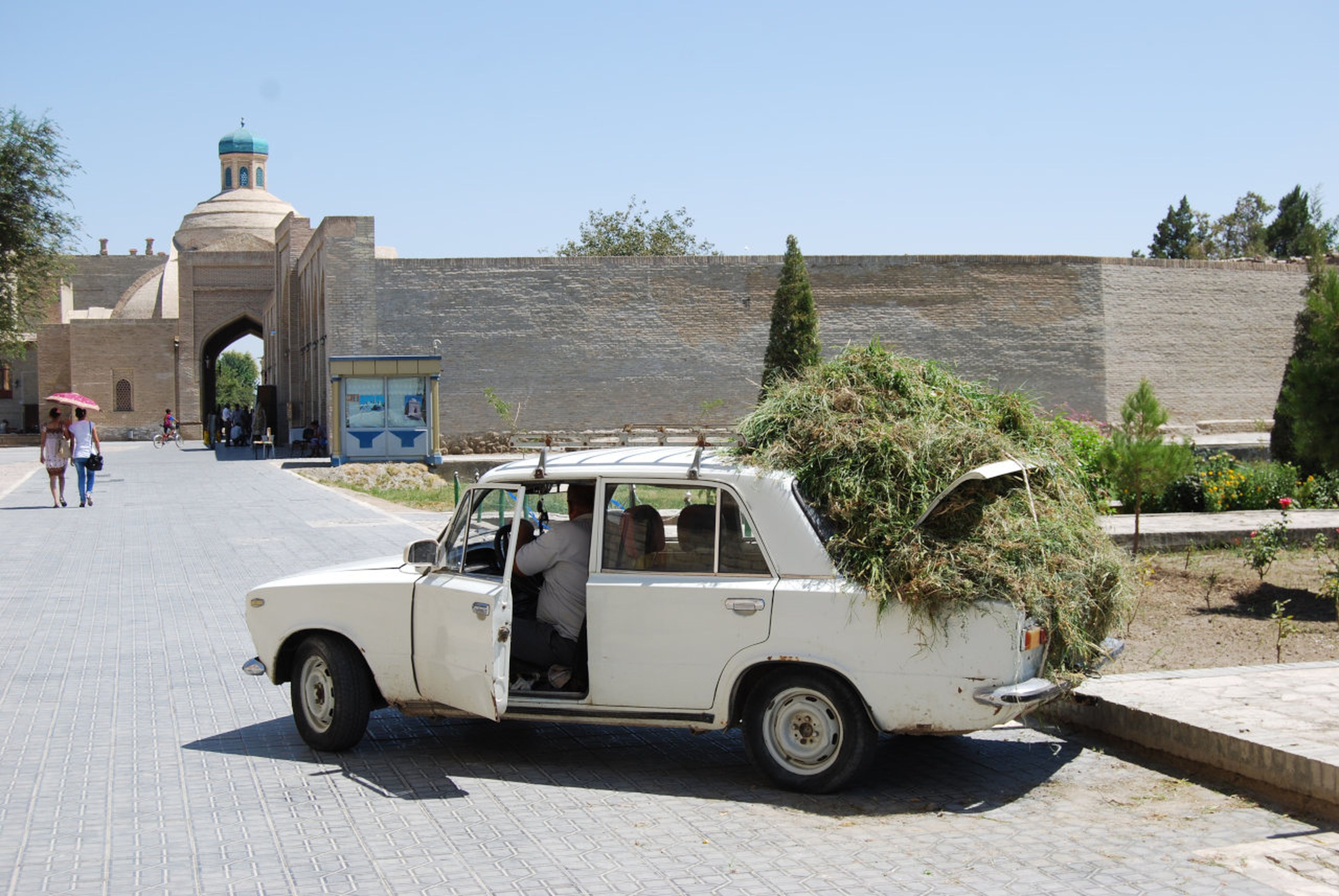 Un Lada 124 en Uzbekistán, cargado de hierba (no la que genera alegría)