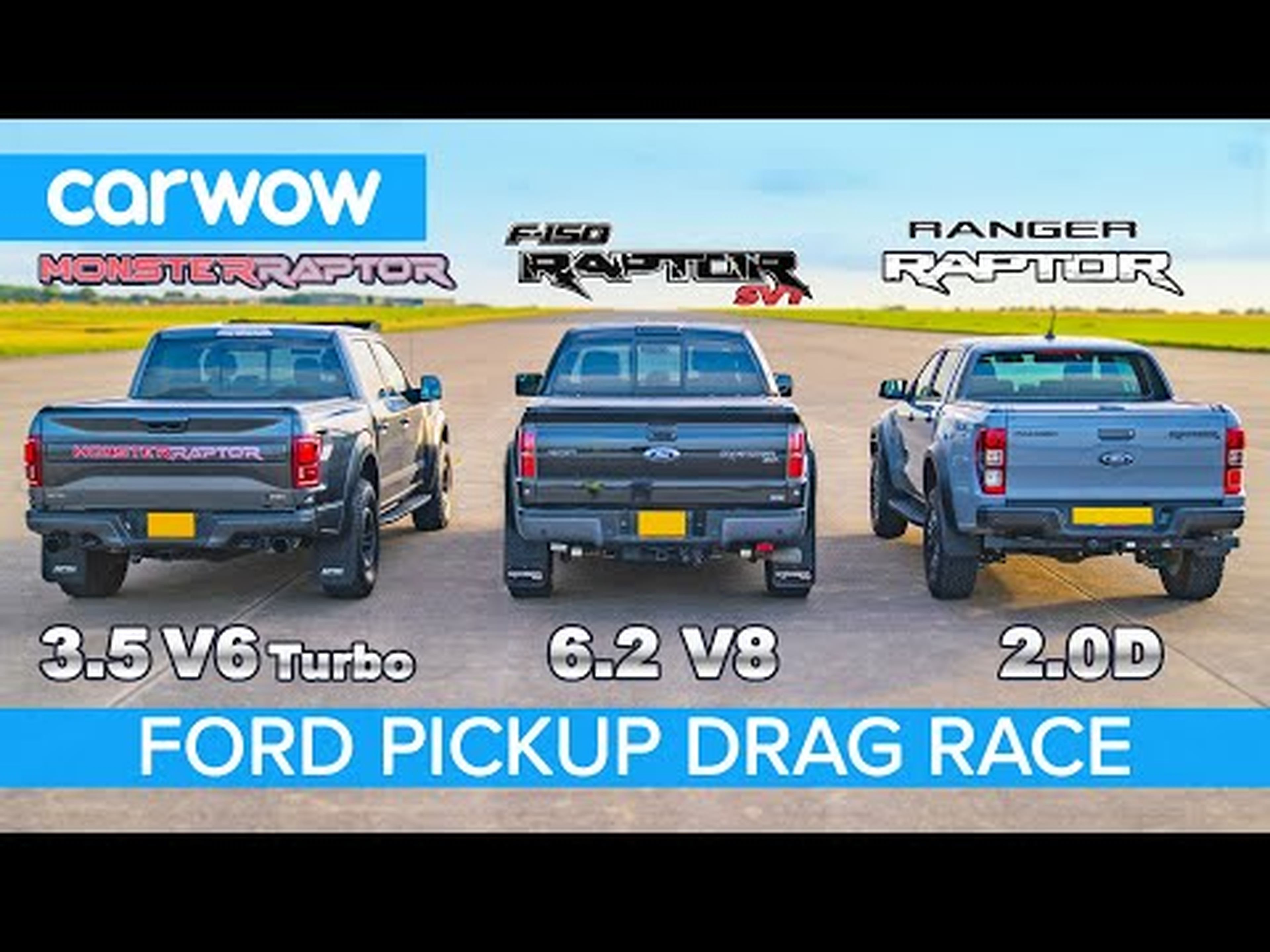 Ford F150 Raptor V6 Turbo vs F150 Raptor V8 SVT vs Ranger Raptor diesel - DRAG RACE & ROLLING RACE