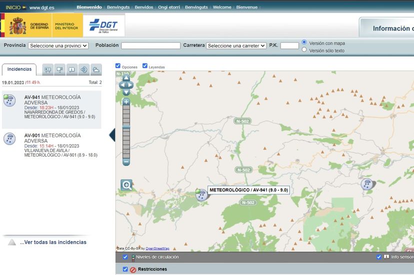 La DGT tiene una web para conocer las incidencias de las carreteras en