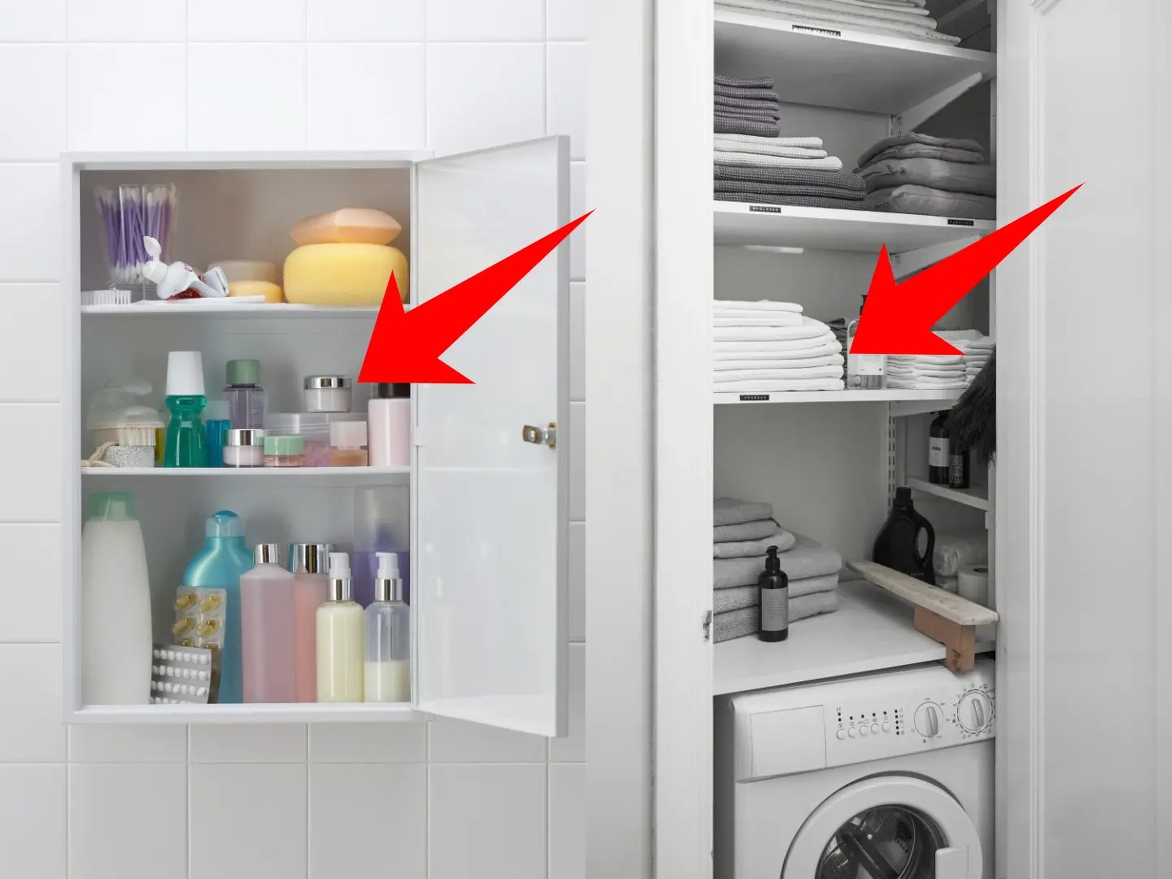 Arrows pointing to toiletries (left), and folded sheets and towels (right).